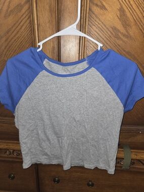 No Boundaries Gray & Blue Raglan Short Sleeve Crop Top